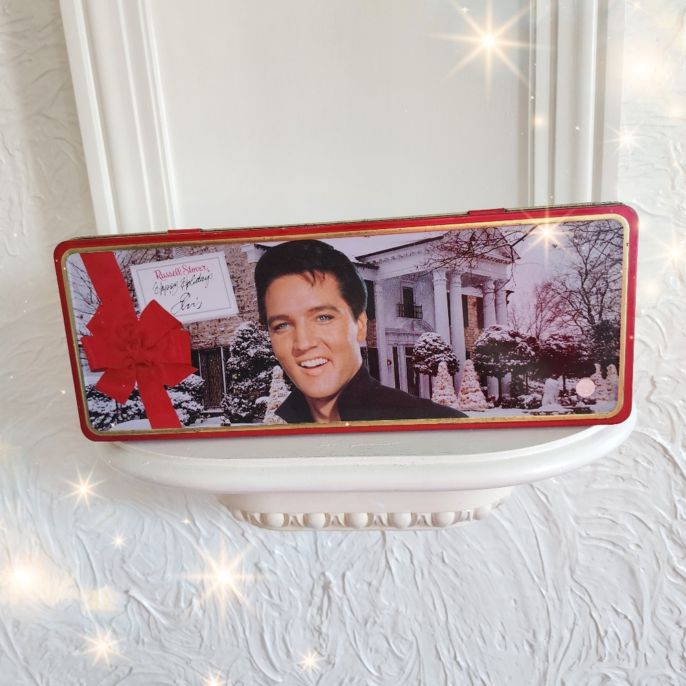 Russell Stover hinged candy tin Elvis Presley, Happy holidays, Elvis